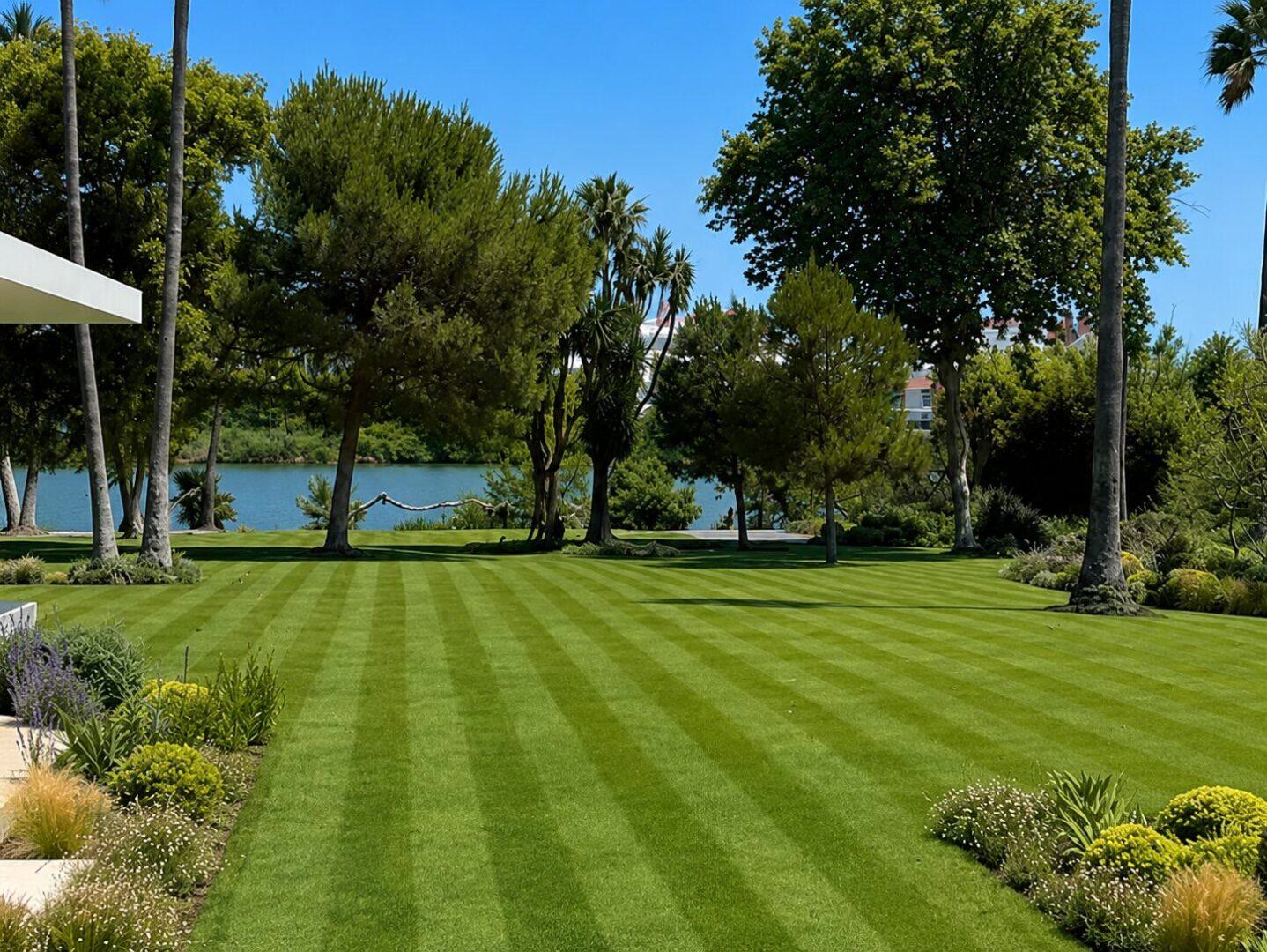 Césped en franjas junto al lago en Villa María Molina
